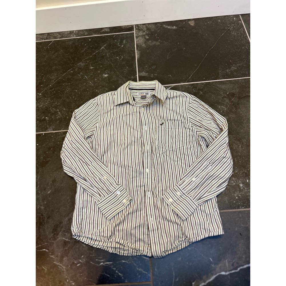 Urban Pipeline Mens Medium Green Striped Button Down Long Sleeve Cotton Shirt